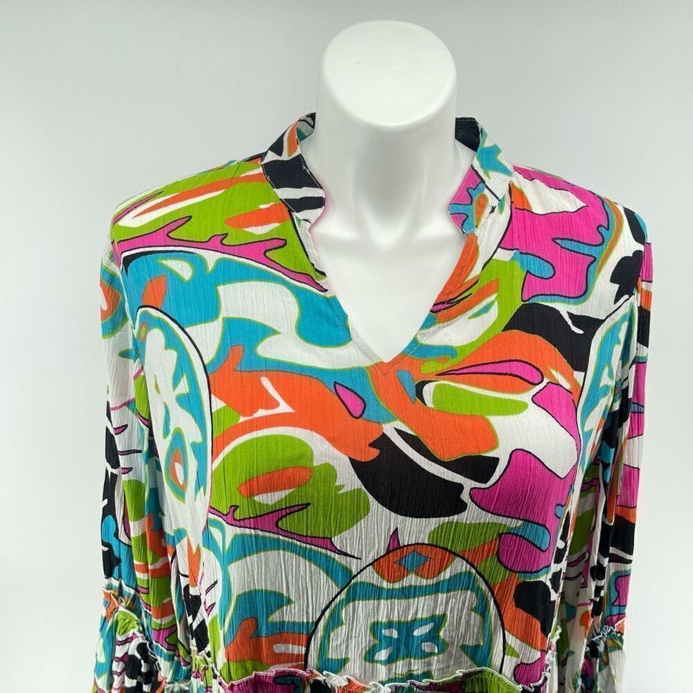 Ashley Stewart Boho Tunic or Mini Dress 14/16 Rayon Bell Sleeves Ruffle Hem - Picture 5 of 15